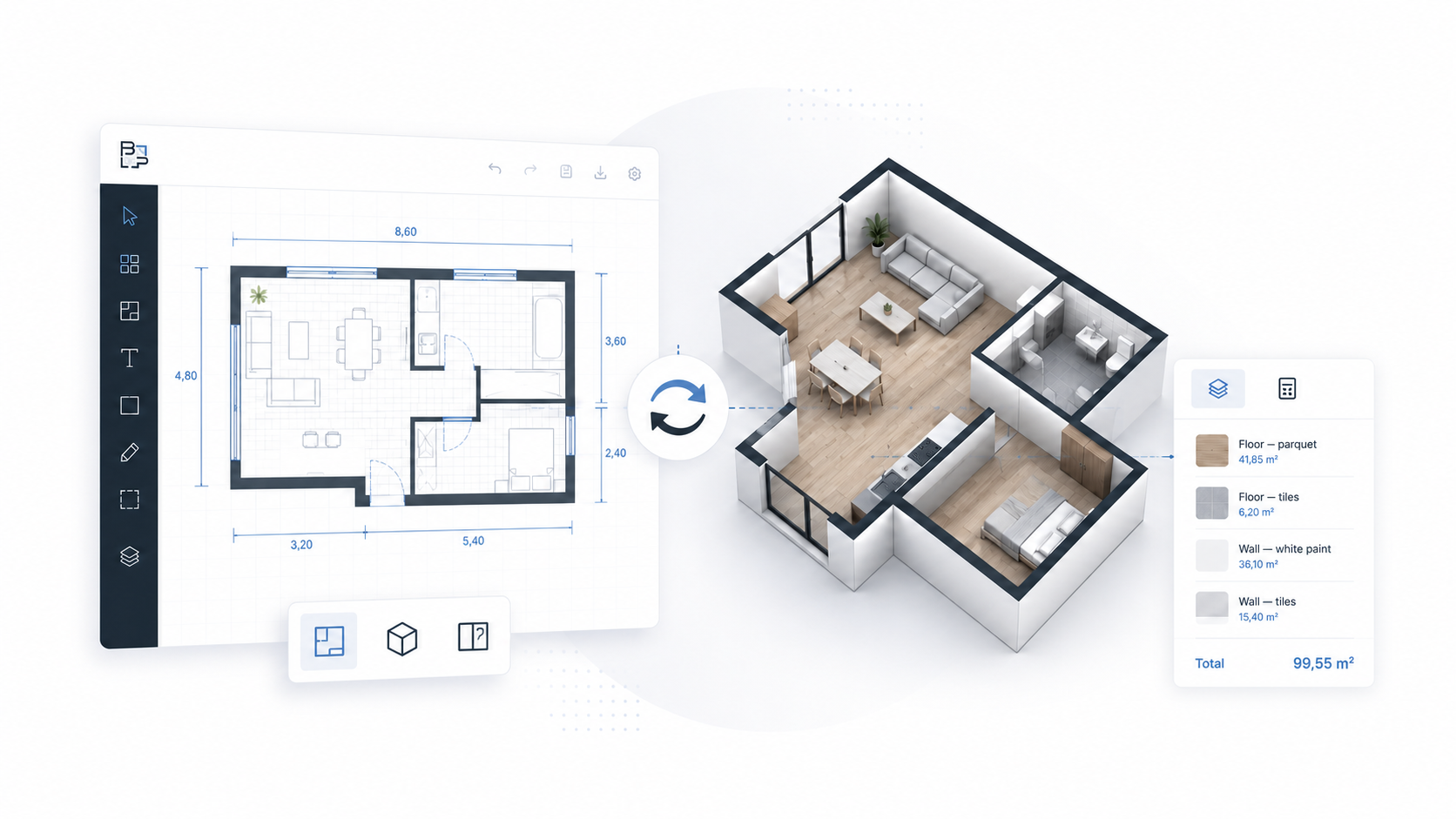Room planning in 2D and 3D with material quantities